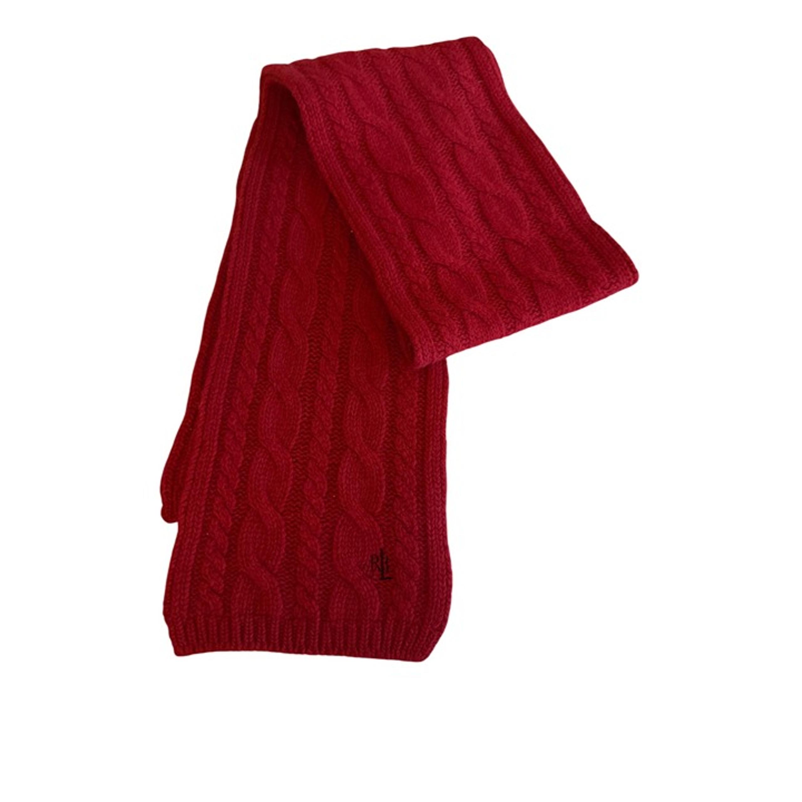 Ralph Lauren Red Cable Knit Wool Blend Scarf With RL Logo Embroidery