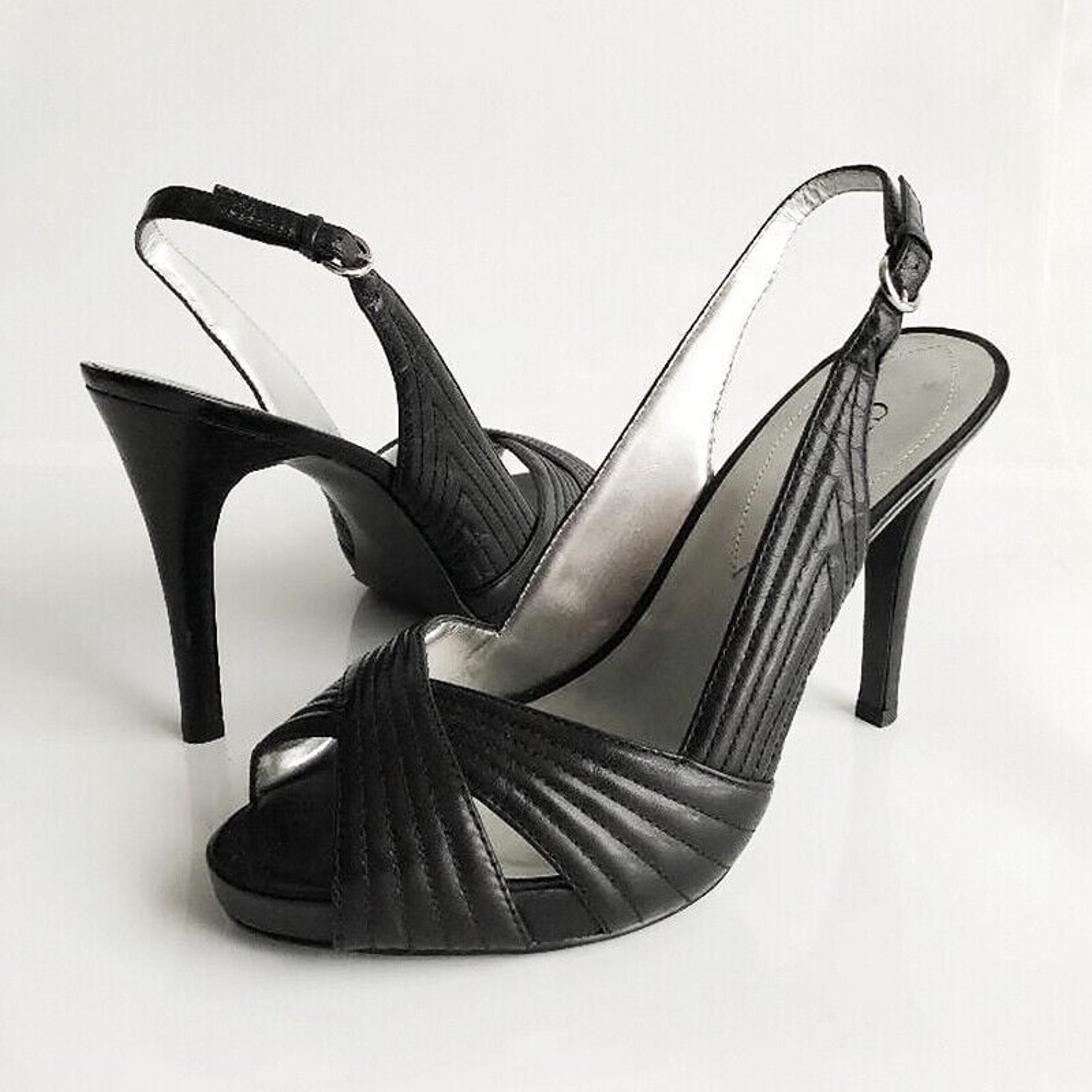 US8 GUESS JASPYN BLACK LEATHER OPEN TOE SANDALS HEEL SLINGBACKS PUMPS SHOES