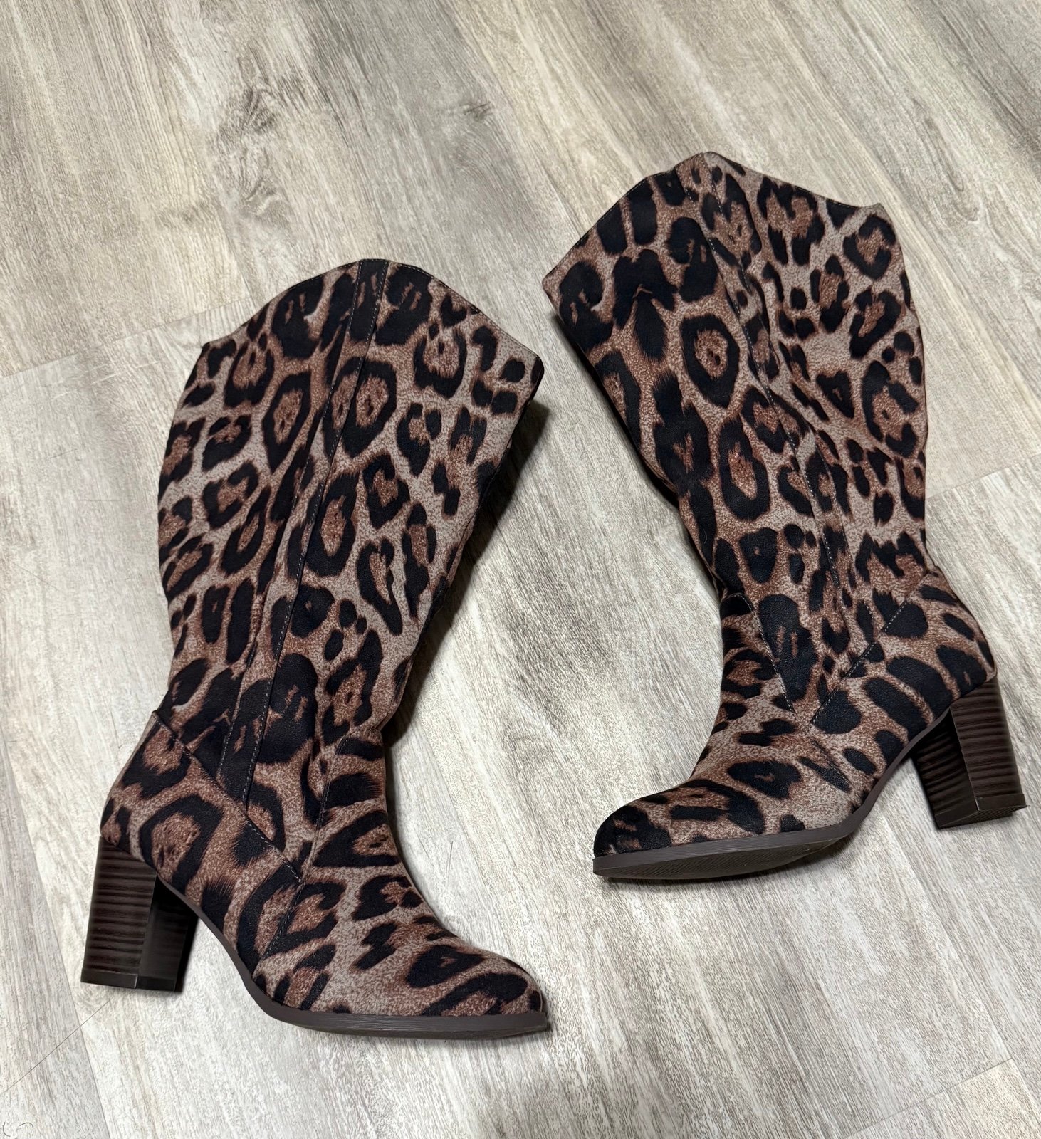 Leopard women’s size 8 heeled boots 3 inch heel.