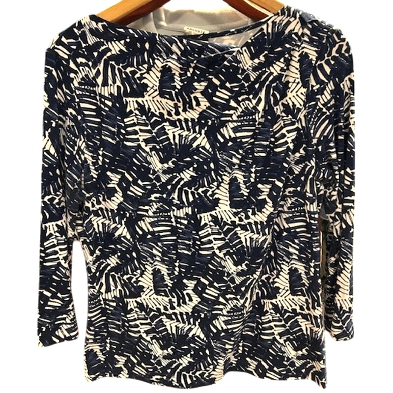 ST. JOHN Navy Blue Abstract Leaf Floral Boat Neck 3/4 Sleeve Rayon Blend MEDIUM
