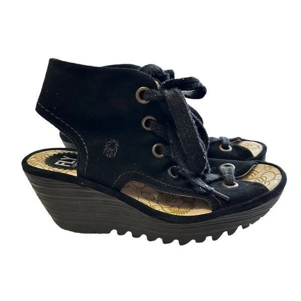 Fly London Yaba Leather Lace Up Wedge Women's 39/8-8.5 Black