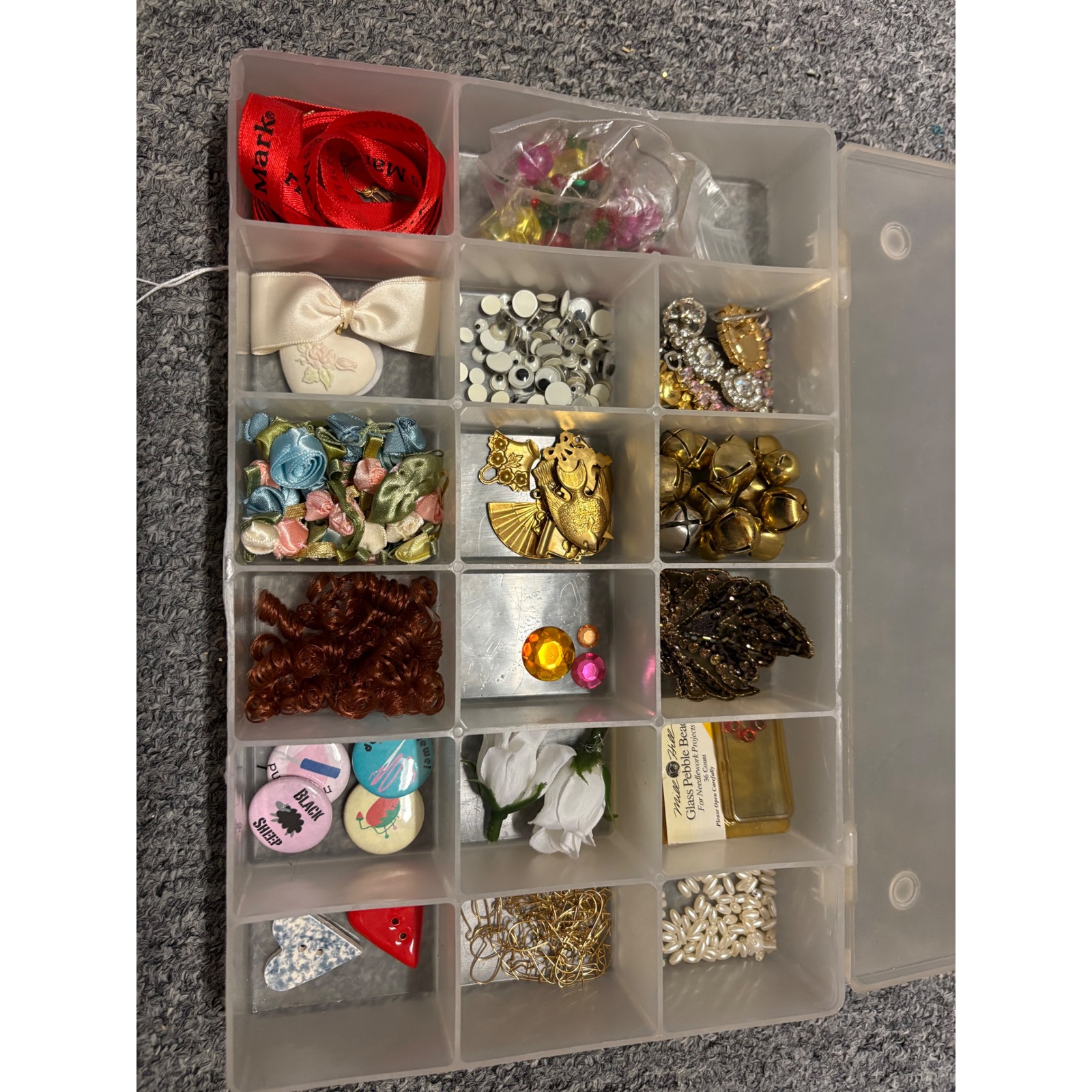 VTG Craft Lot Ribbons Buttons Charms Beads Mixed Supplies with holder