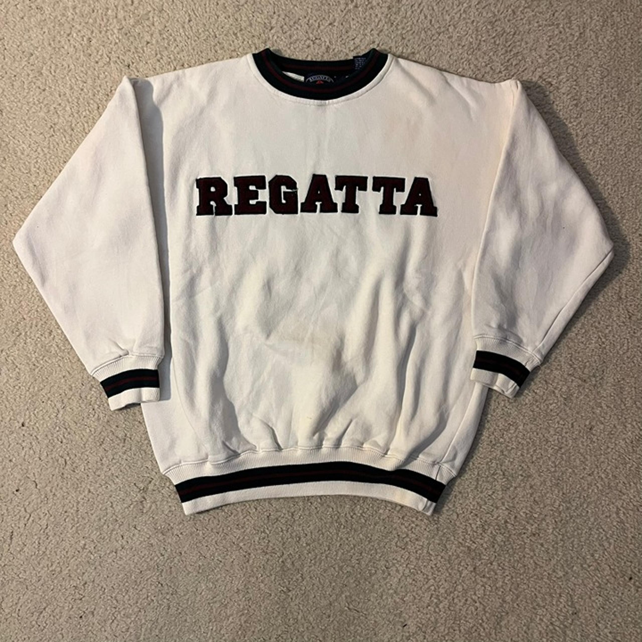 VTG 90s Regatta Preppy Embroidered Spellout Ringer Crewneck Sweatshirt Small
