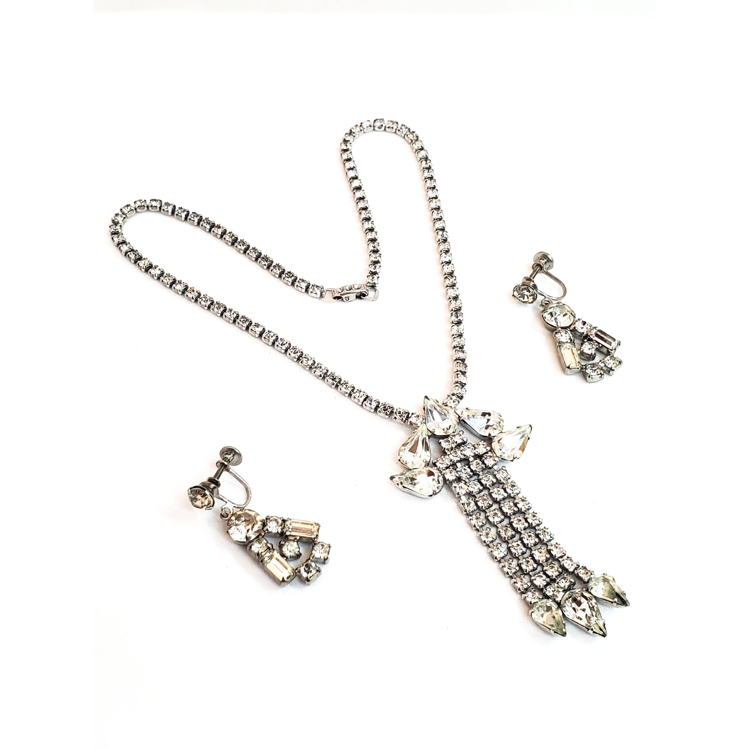 Clear teardrop rhinestone antique necklace and earring set demi parure screw ba