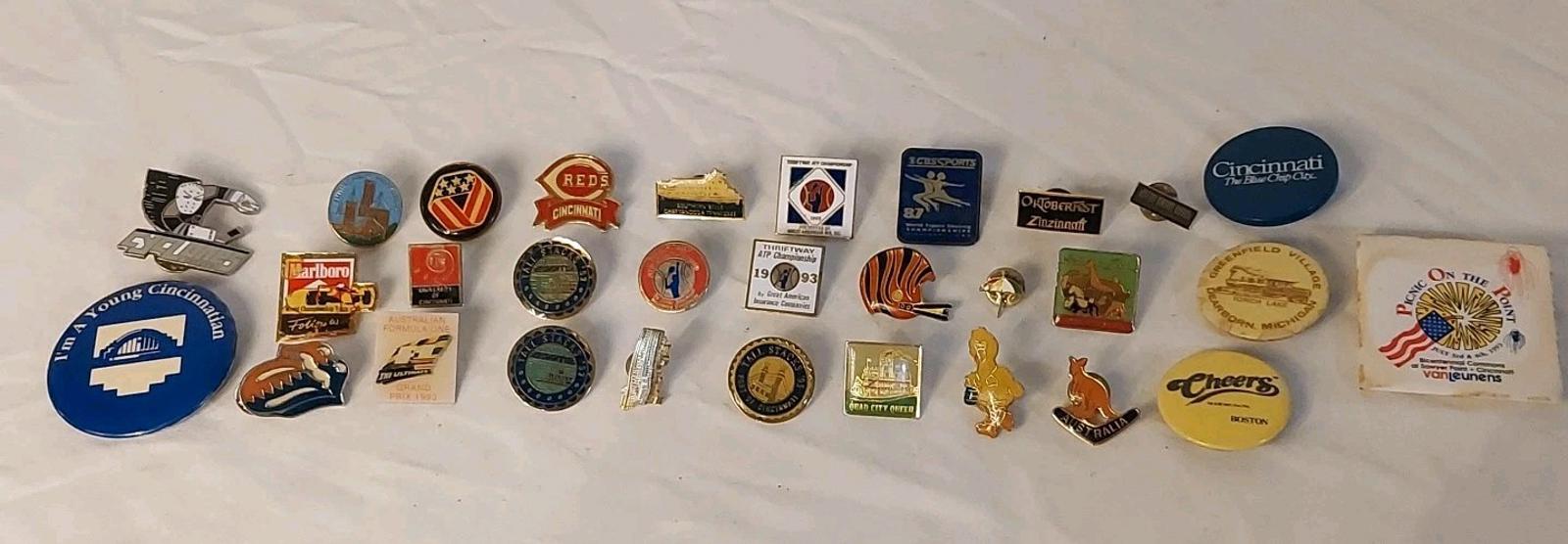 Vintage Lot of 30 Miscellaneous Pins Buttons Cincinnati, Sports, Racing, Etc