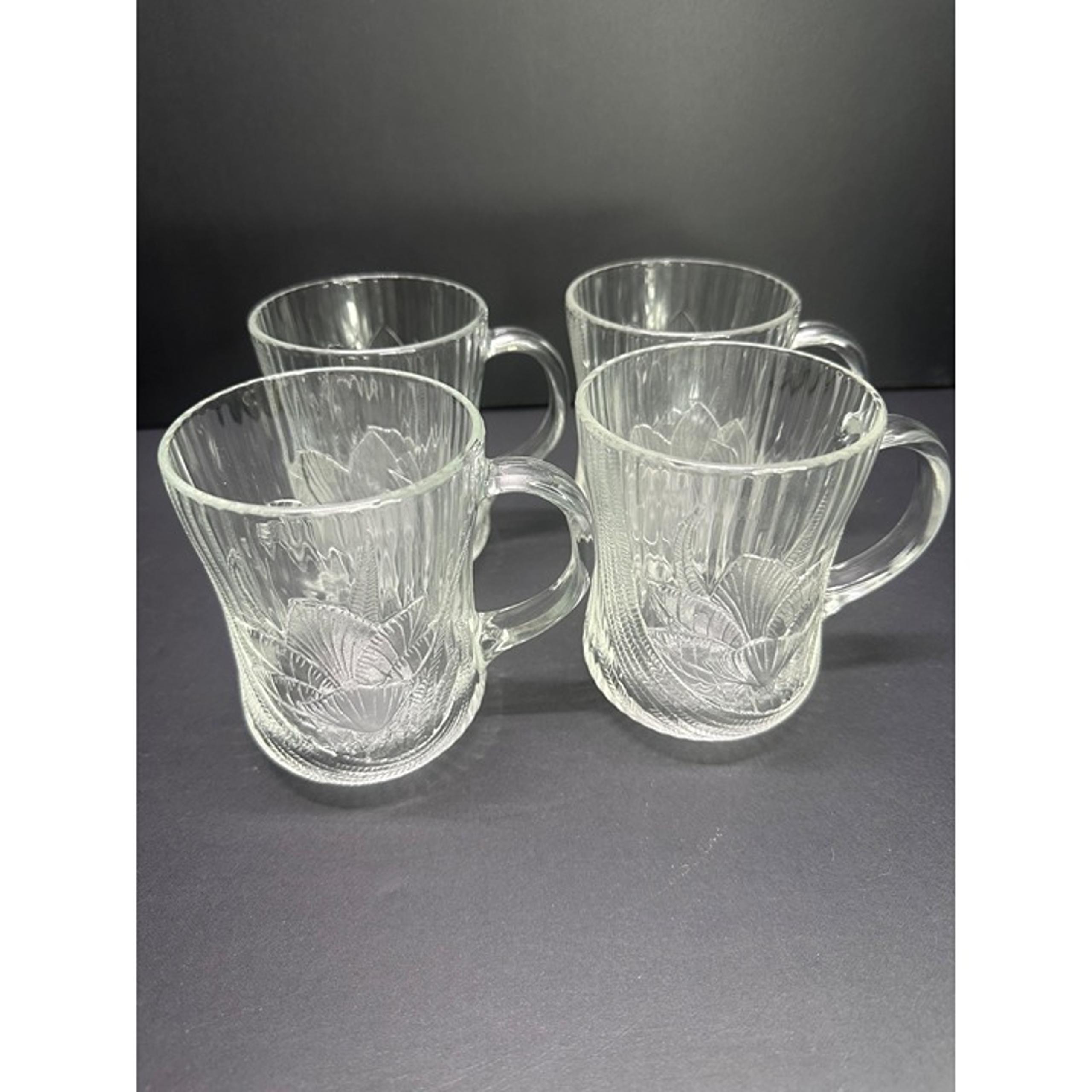 Vtg Coffee Tea Mugs Cups Glass Canterbury Crocus Floral - Set of 4 - Arcoroc
