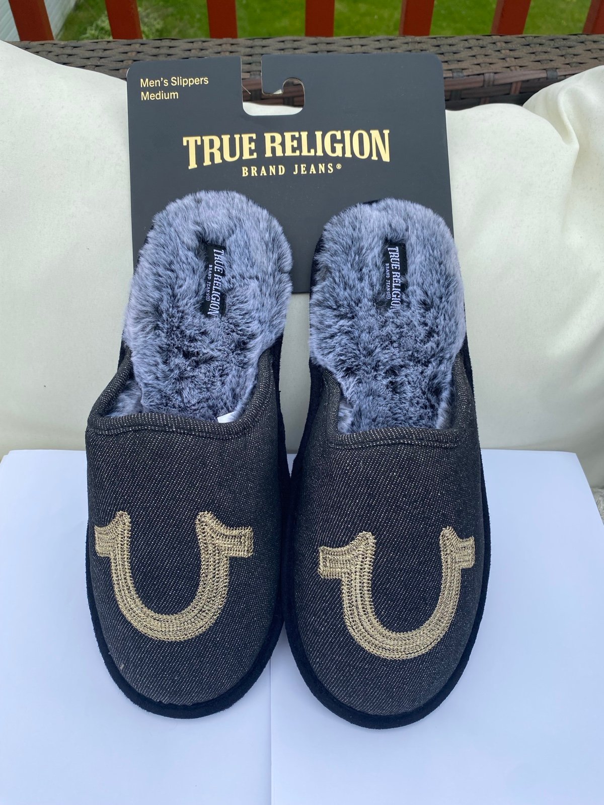 BRAND NEW! MENS TRUE RELIGION DENIM SLIPPERS