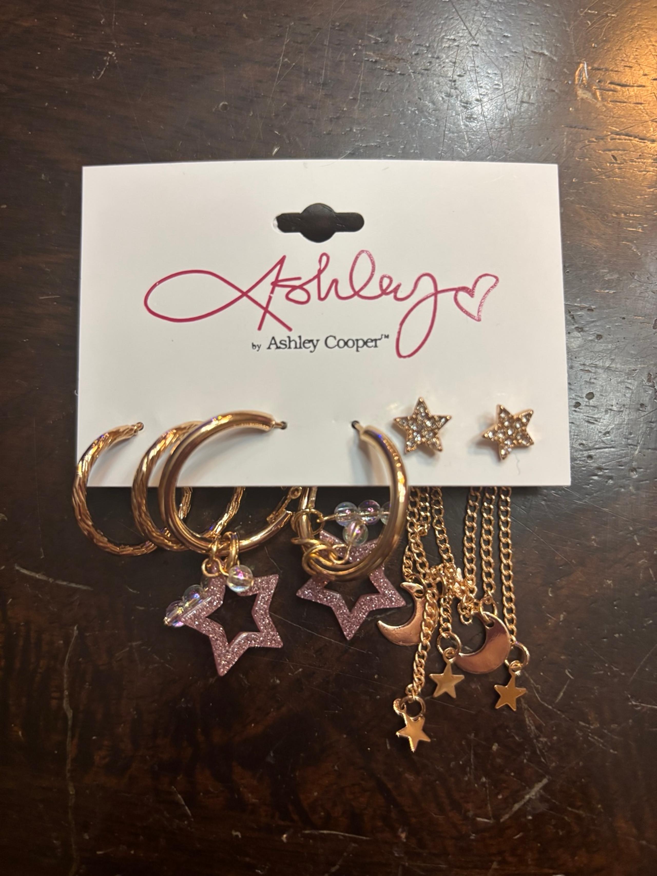 Ashley Cooper Gold Toned Earring Set with Stars, hoops, and studs.