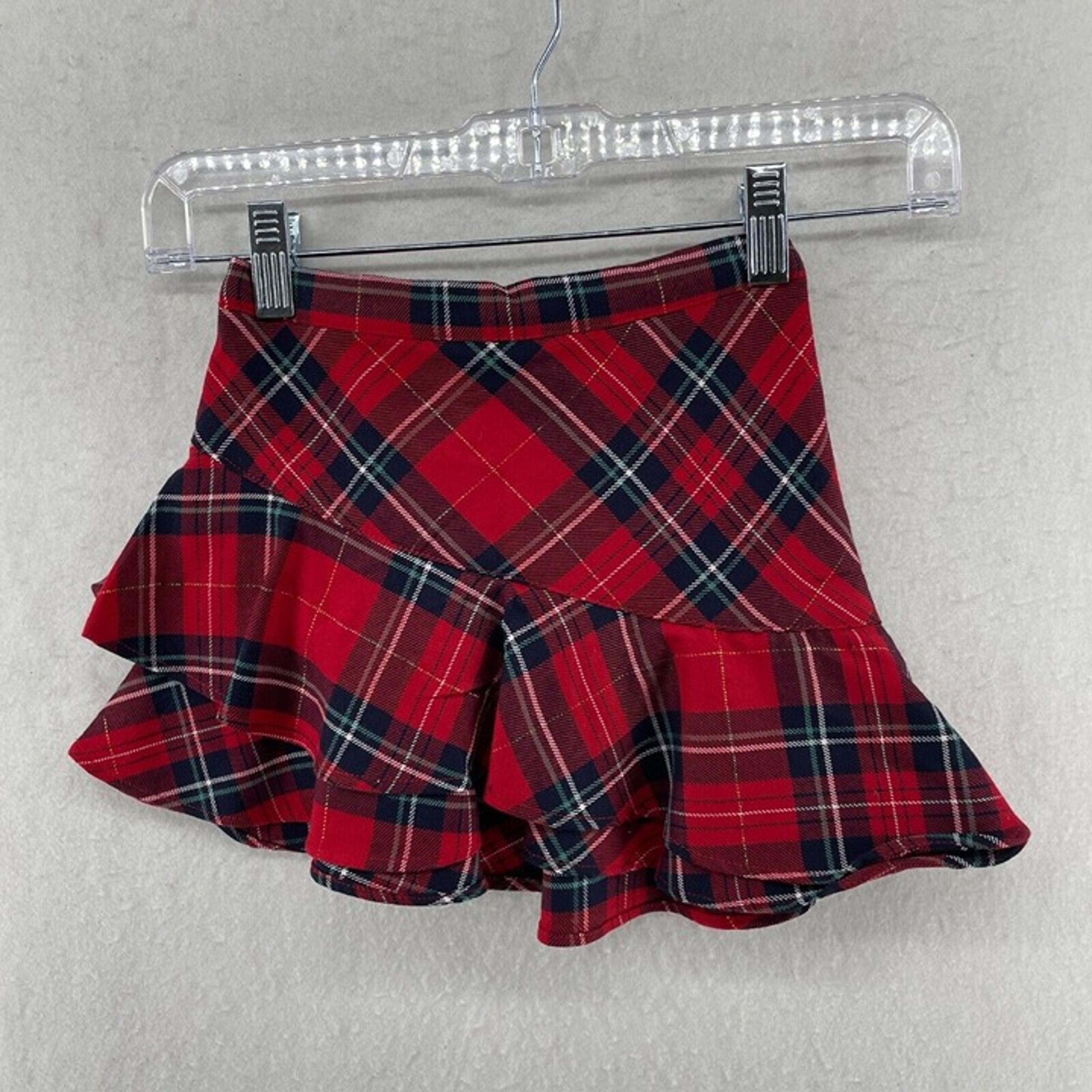 H&M Skirt Girls Sz 4-6Y Red Checkered Ruffles Stretch Mini High Waist Layered