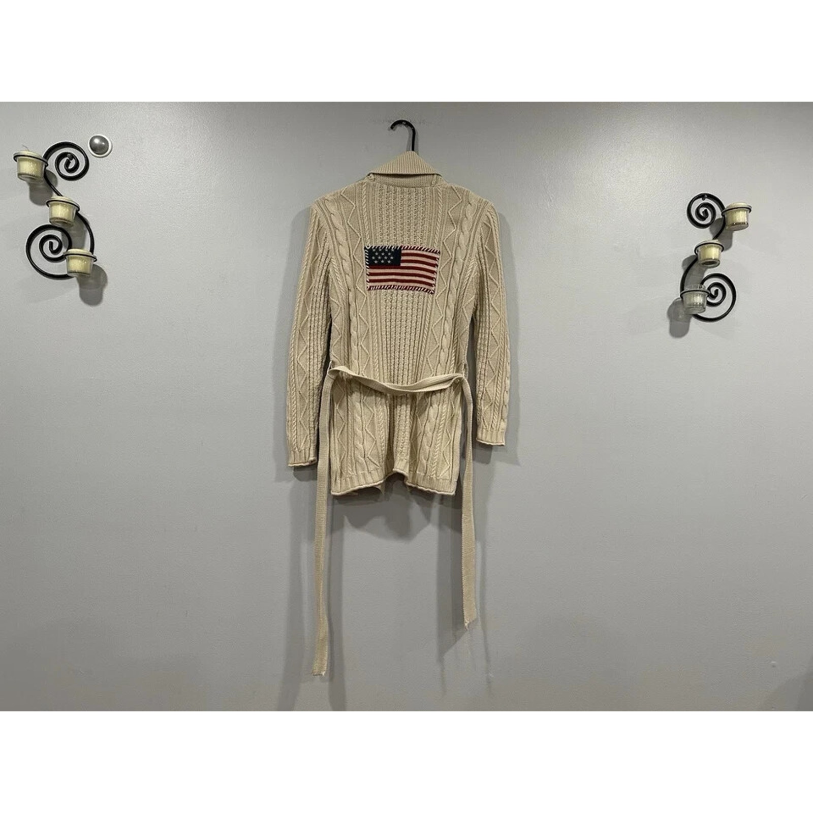 Lauren Ralph Lauren Aran Knit American Flag Cardigan Sweater Belted Small S