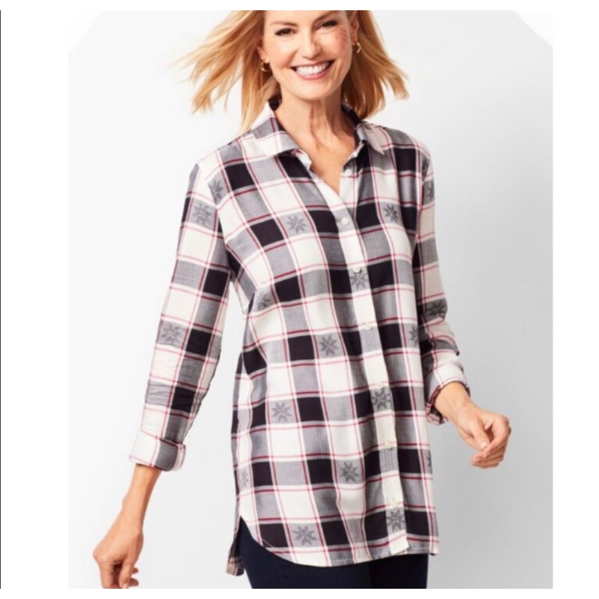 Talbots | Black Cream Red Plaid Holiday Snowflake Button Down Tunic Blouse Sz XL