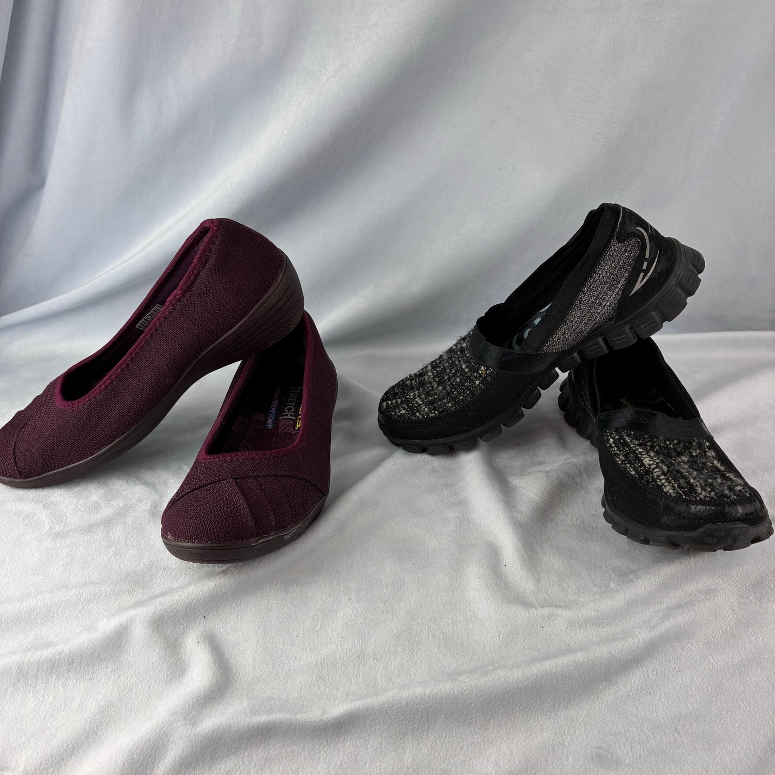 Lot of 2 Skechers Memory Foam Slip On Loafer Flats Stretch Shoes Knit Women's 6