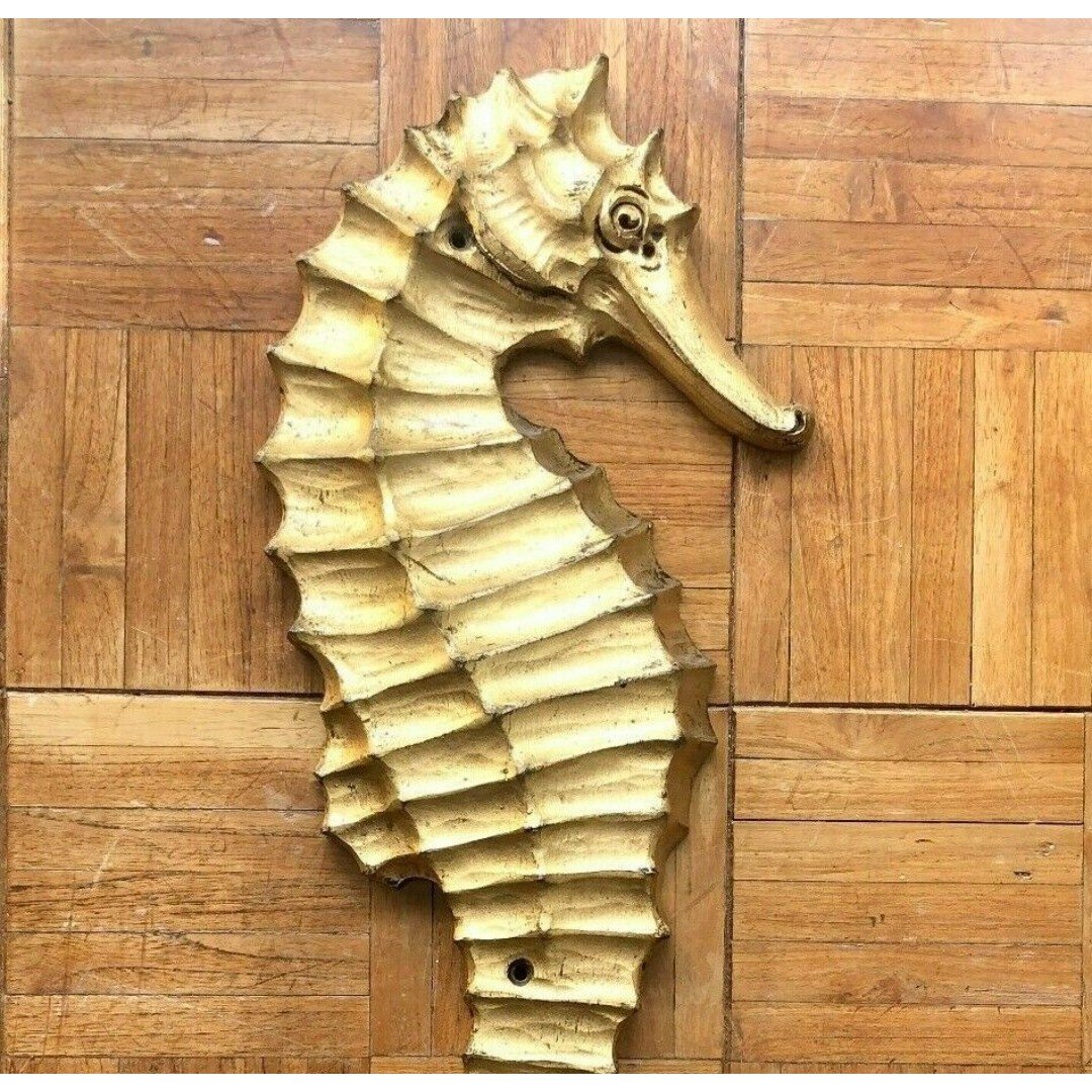 Vintage Hand Carved Gold Leaf Seahorse Decor Maritime Salvage Teak Wood 29 inch