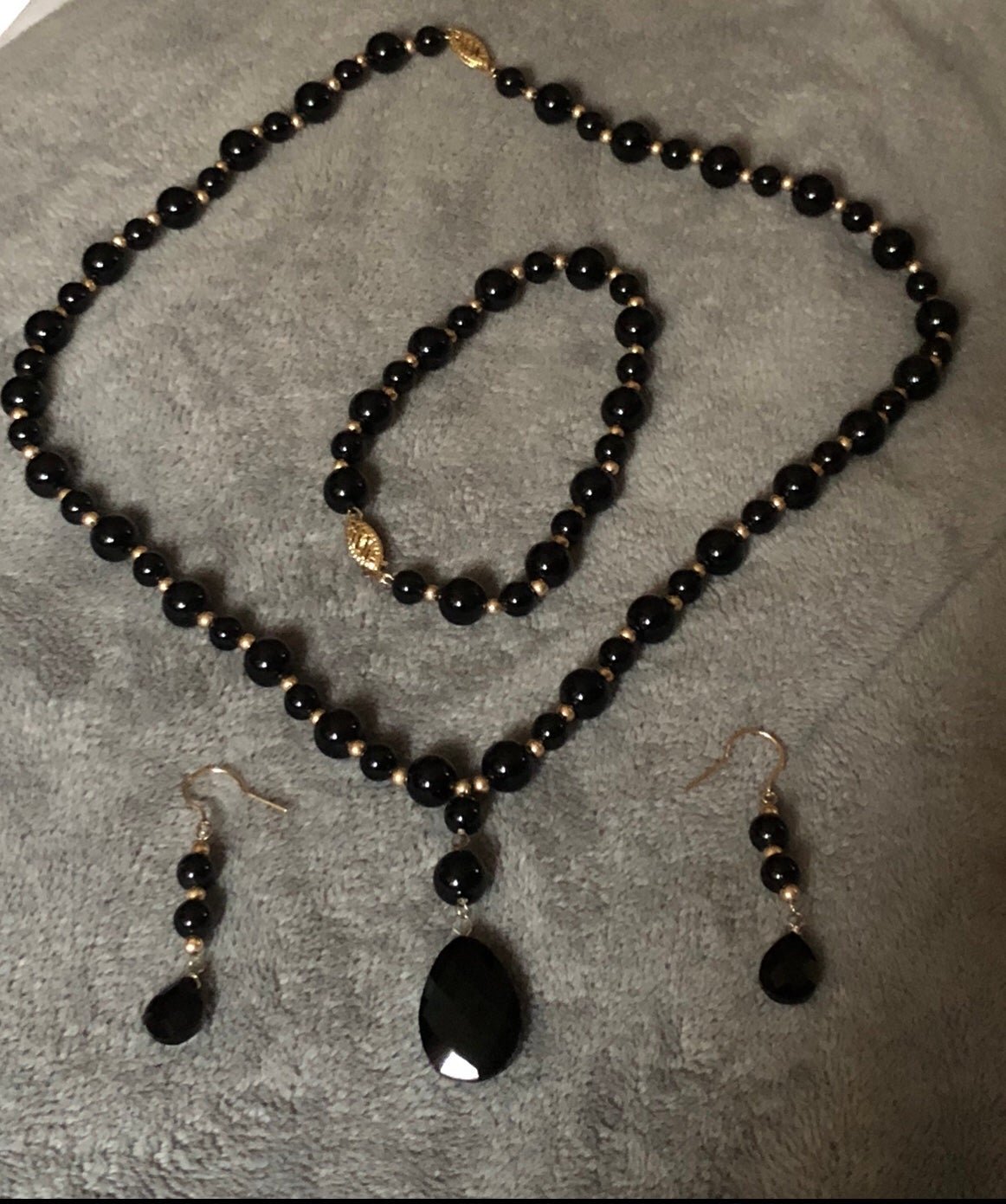 10K Solid Gold Authentic Black Onyx Precius Gems Stones Beads Set
