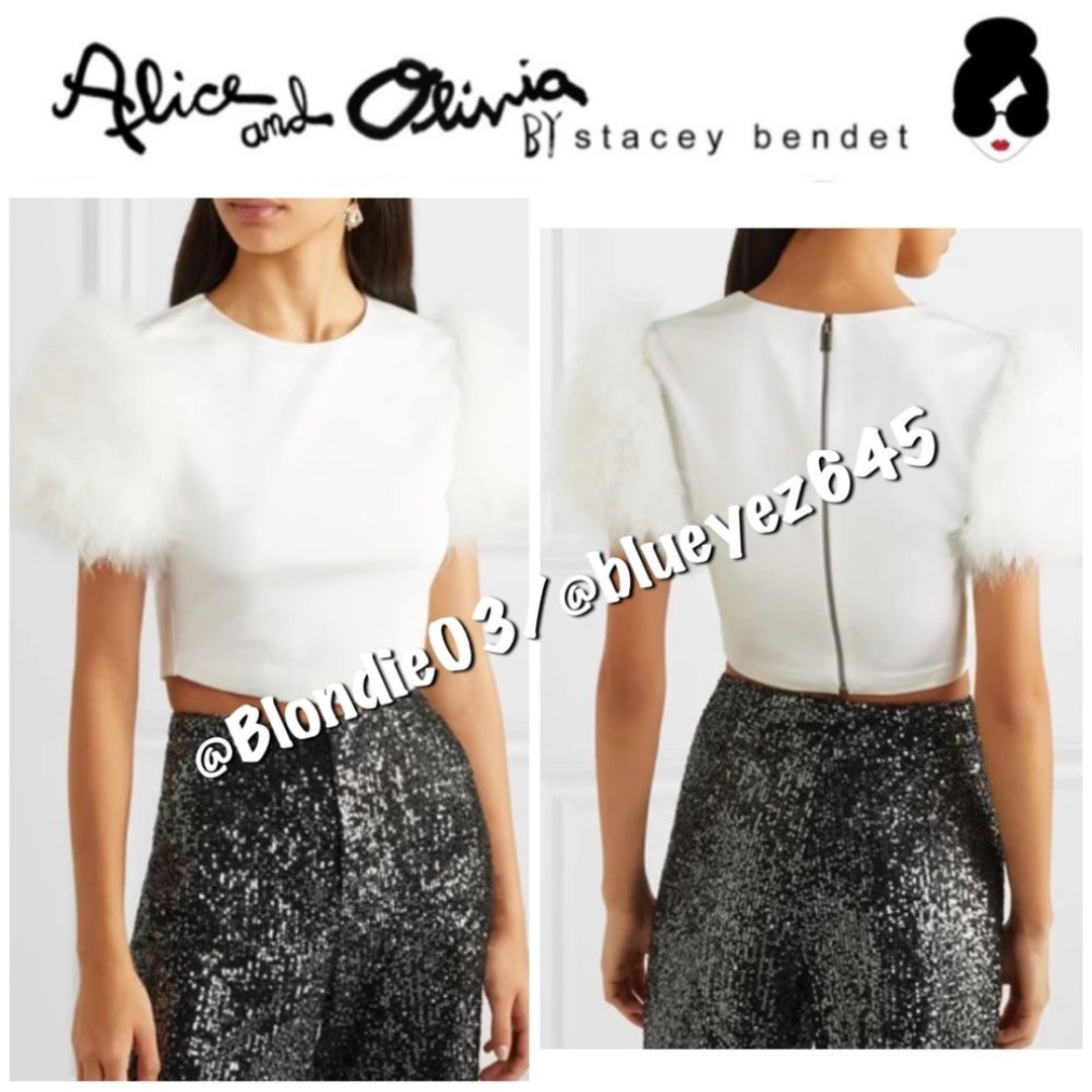 Alice + Olivia cropped feather embellished crepe top L NWT