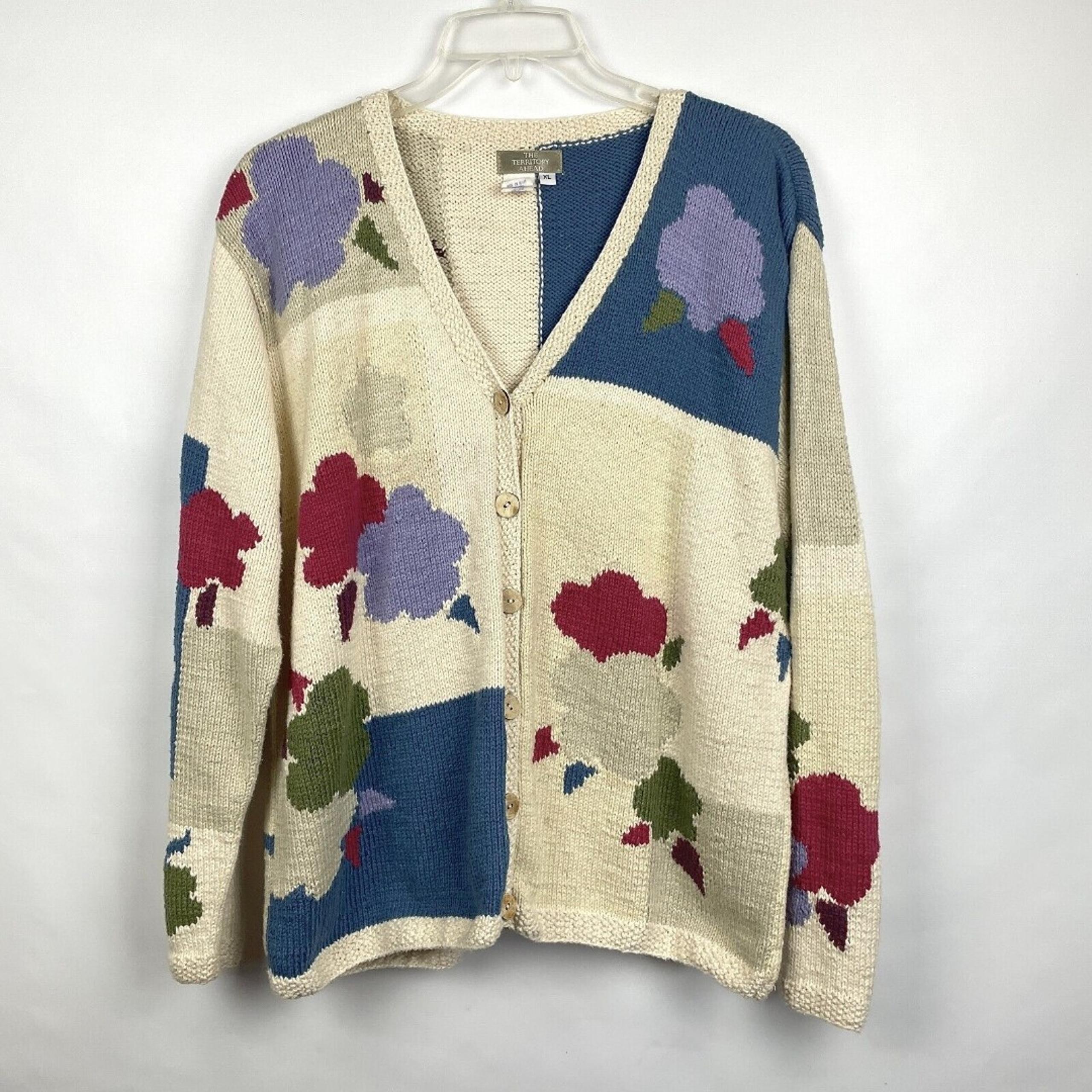 Vintage The Territory Ahead Women's XL Hand Knit 100% Cotton Cardigan Sweater