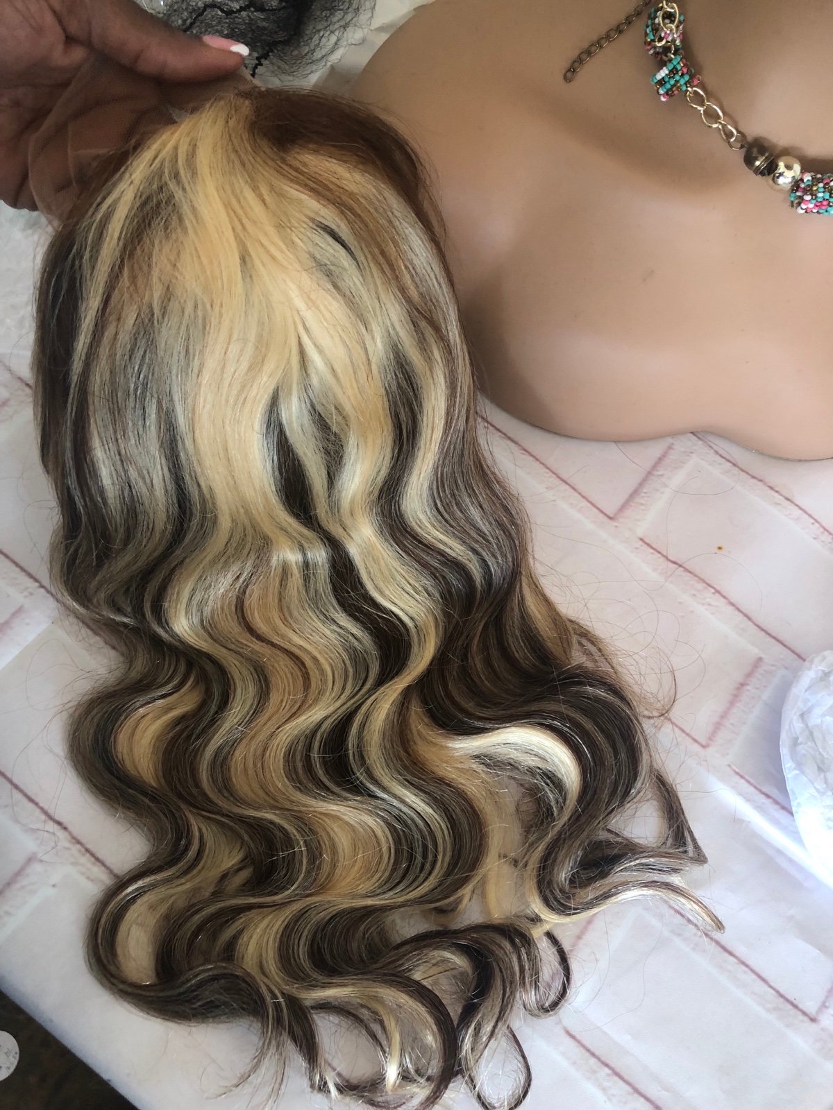 16 Inch Brown/Blonde 180 Density Middle part Human Hair Brazilian Wavy Wigs