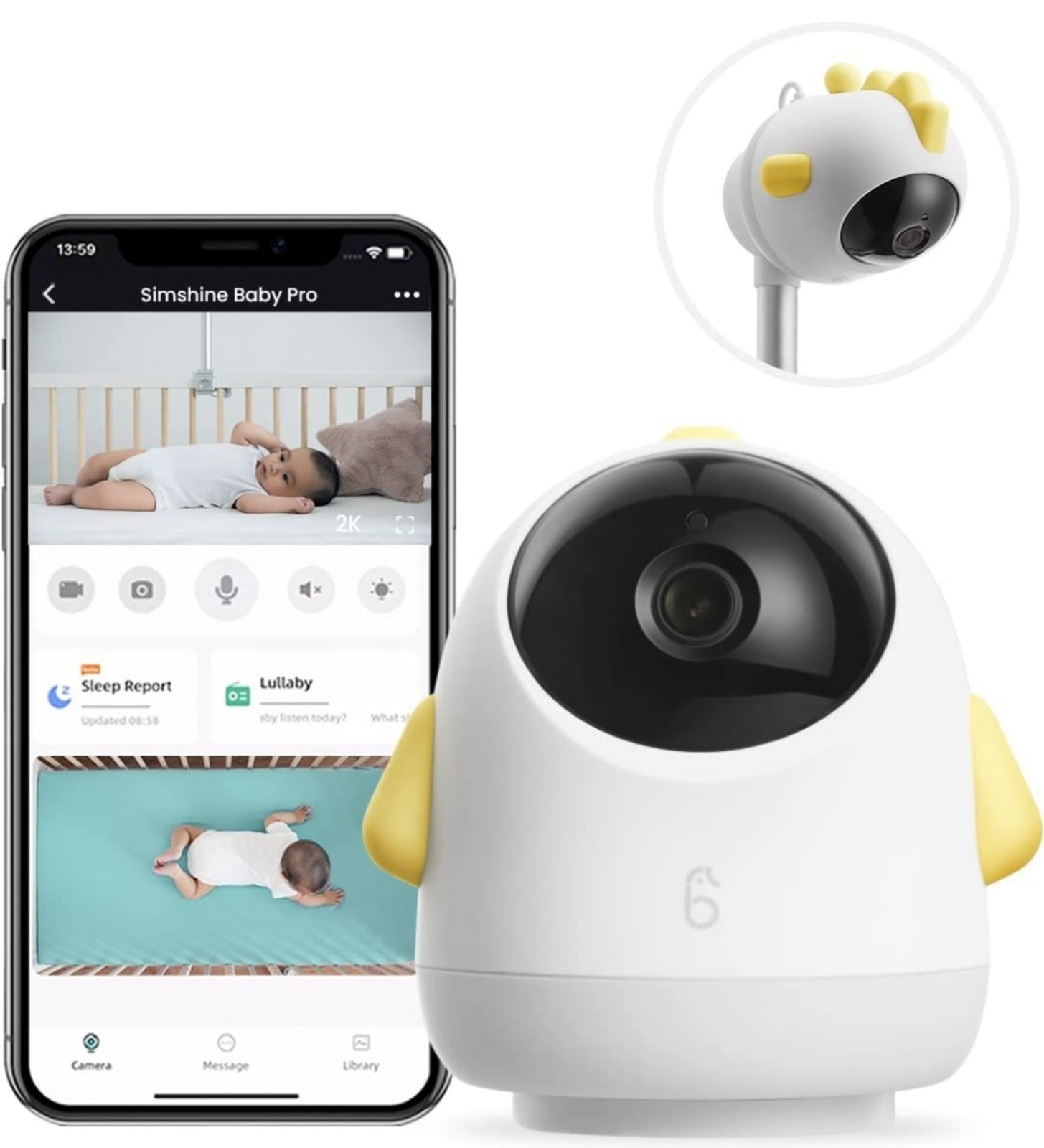 Simshine Baby Monitor with Crying Alert Lullabies, 2K Smart Baby Monitor, 360° P