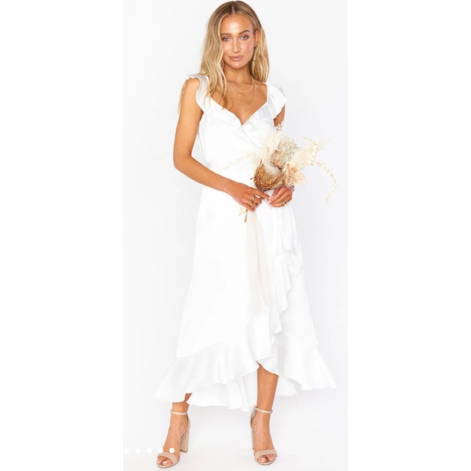 Show Me Your MuMu Samantha Ruffle Wrap Dress Ivory Luxe Satin White