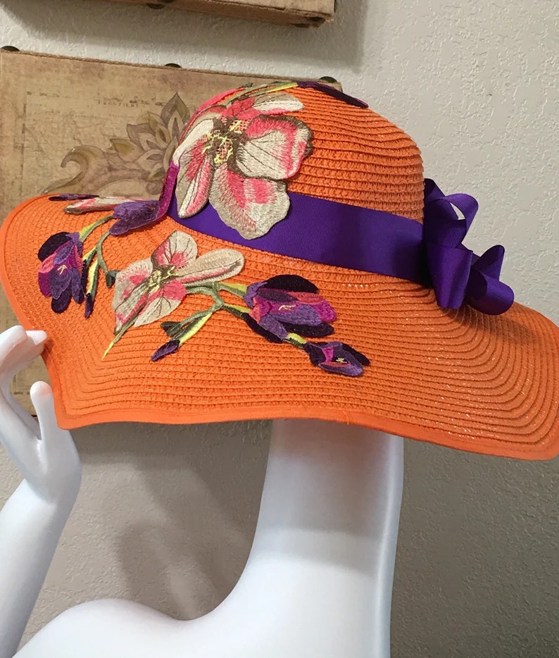 Horse Race Hat, Embroidered Flower Hat, Kentucky Derby Hat, Wide Brim Hat