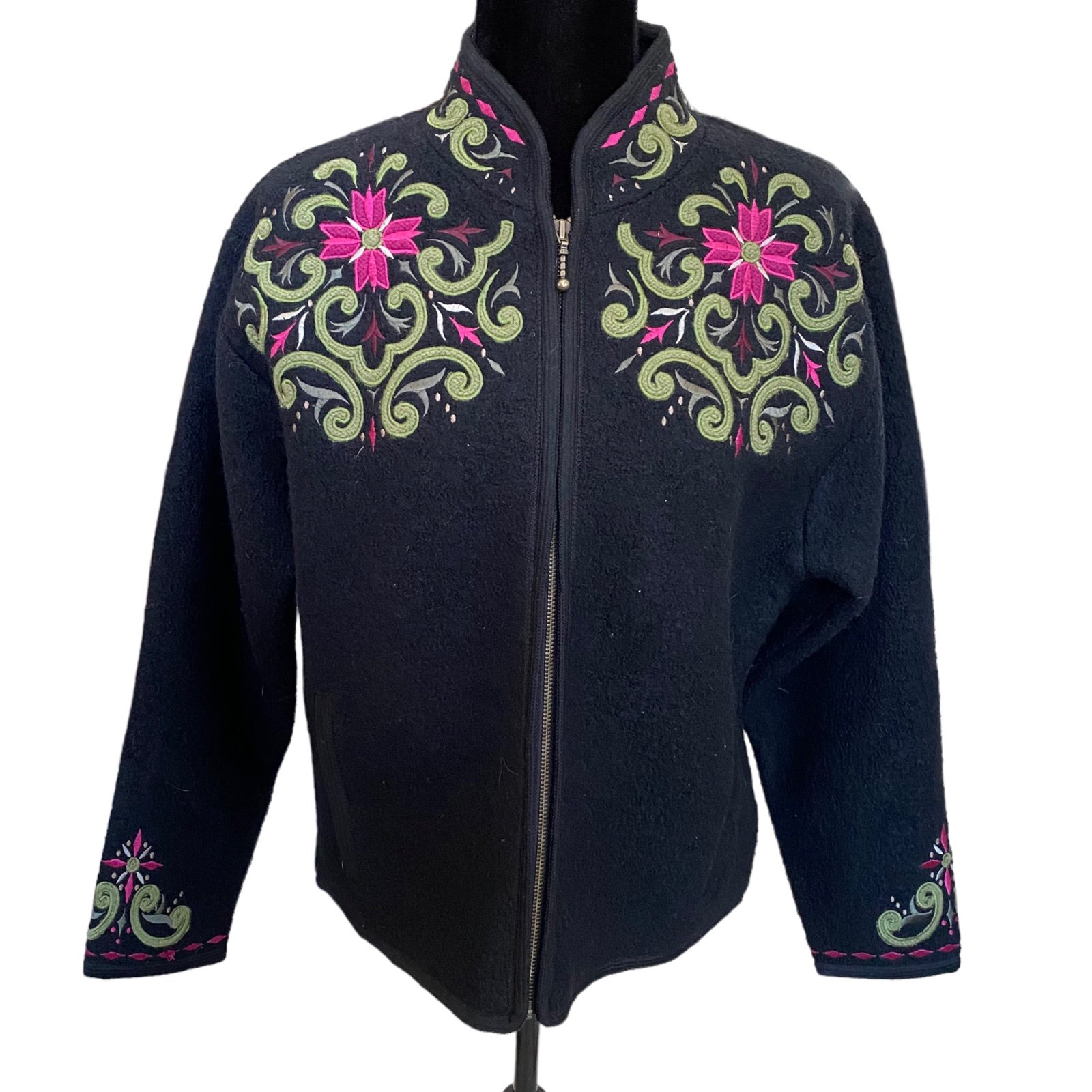 Icelandic Design Floral Embroidered Wool Full Zip Jacket