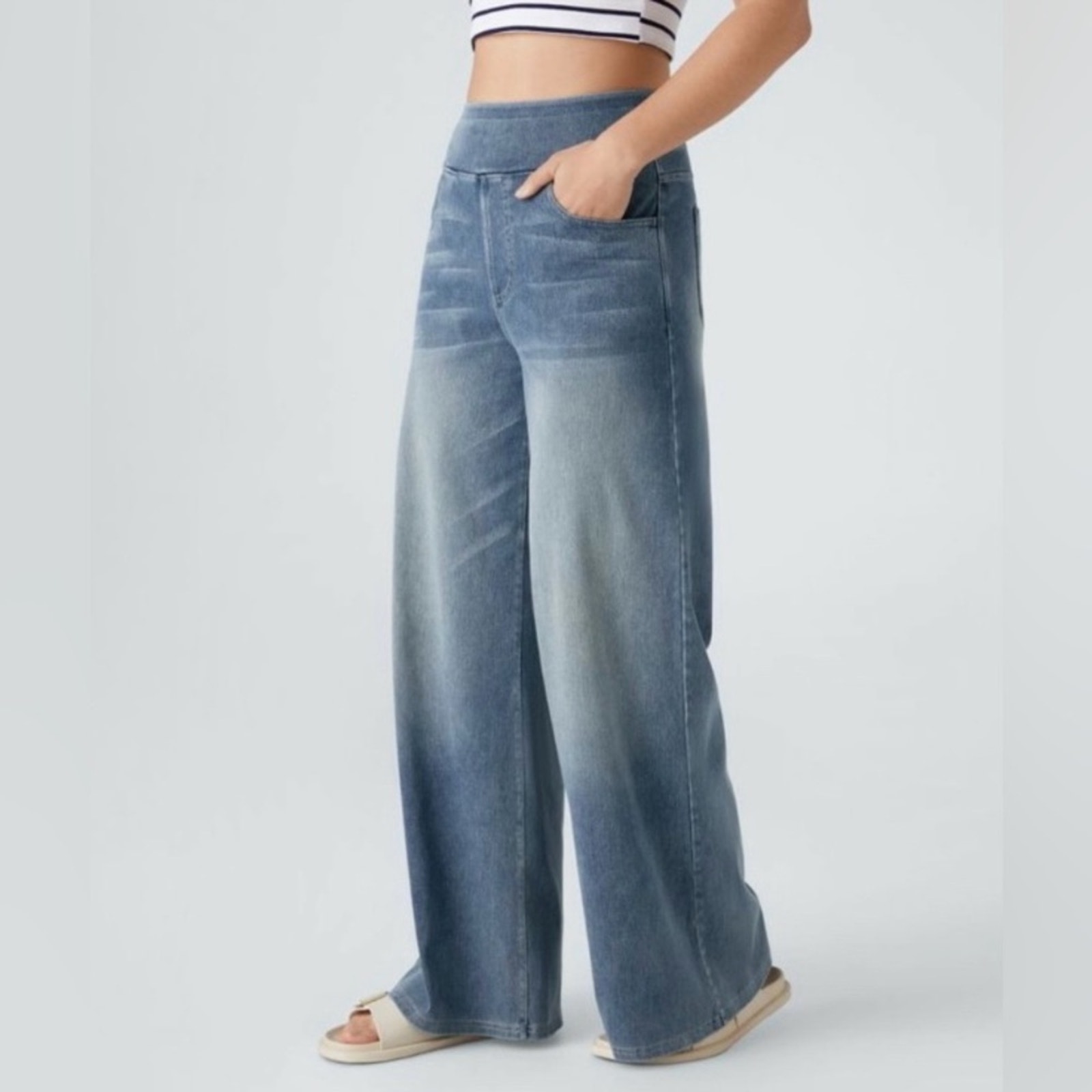 Halara High Waisted Multiple Pockets Baggy Wide Leg Washed Stretchy Knit Jeans