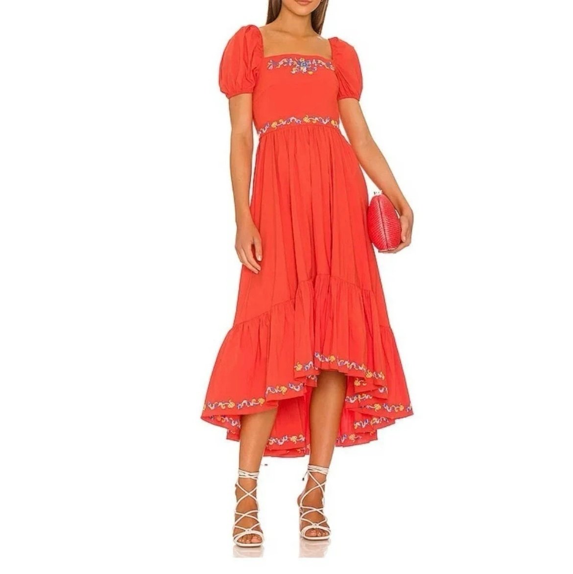 NWT CAROLINE CONSTAS Hayden Dress in Red Multi Embroidery