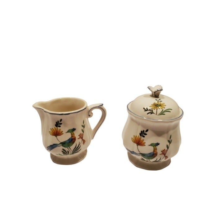 GIEN Oiseau De Paradis Creamer & Sugar Bowl and Lid France Birds and Flowers