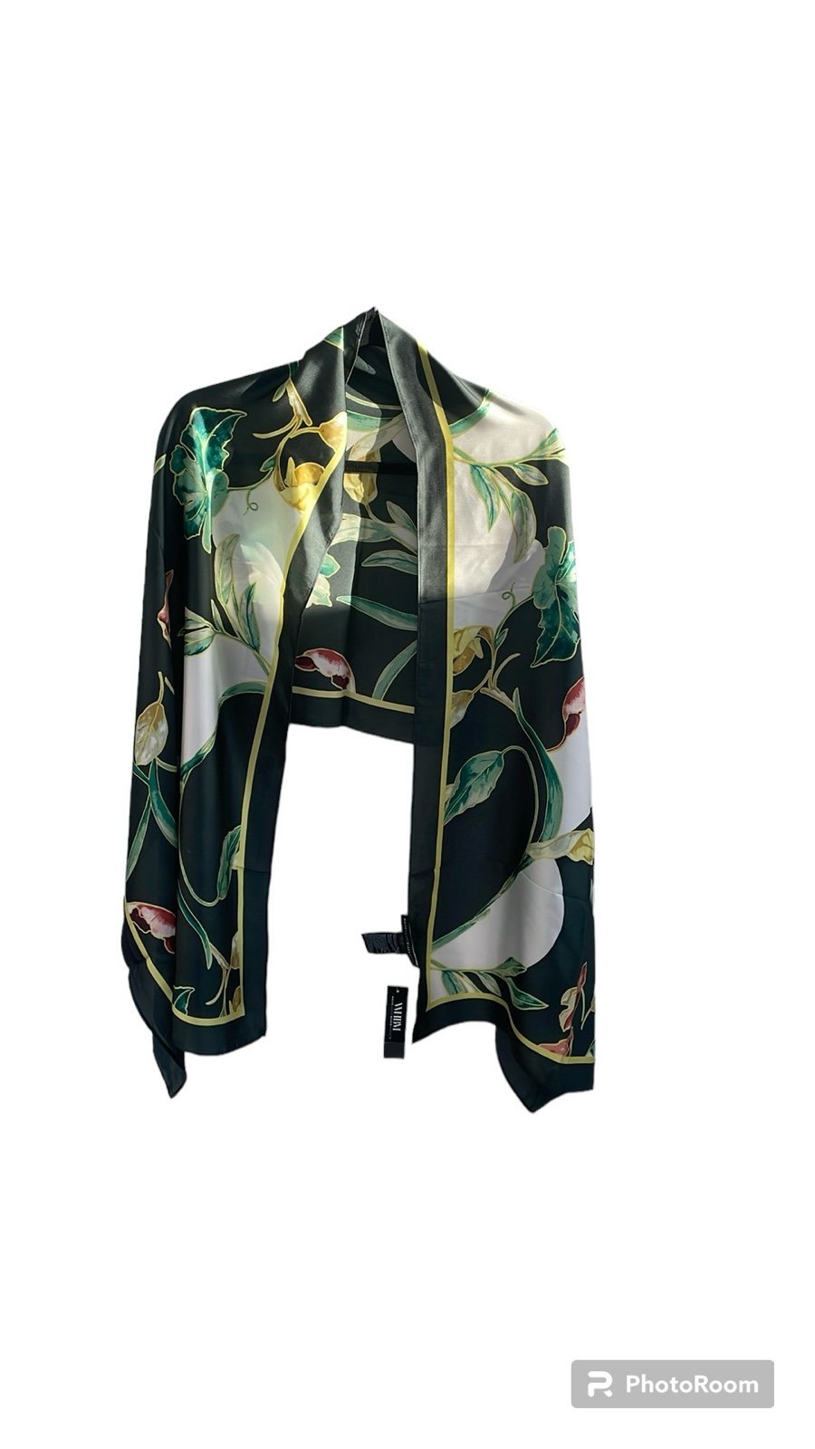 NWT White House Black Market green leaf yellow red print scarf.71 x 21.5 inches