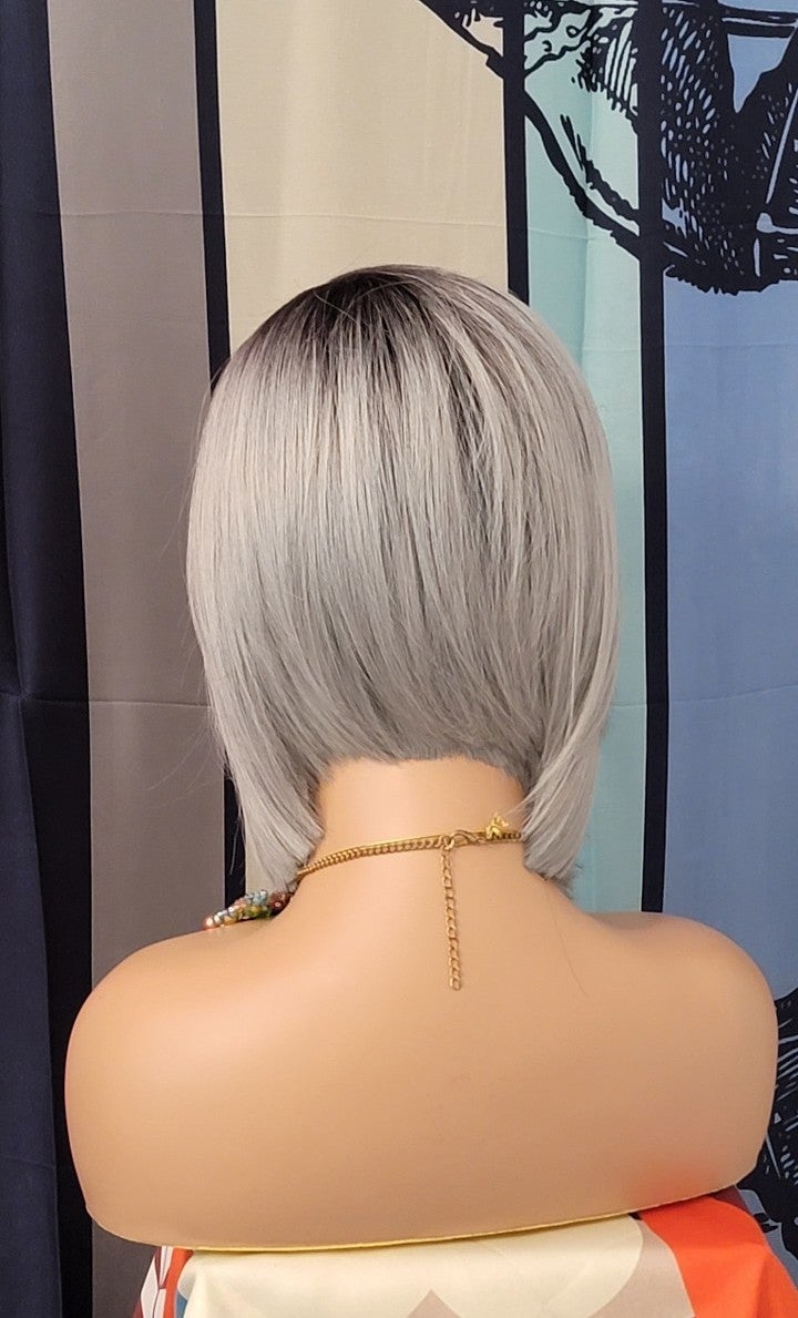 Celebrity platinum silver grey dark root sexy bob wig