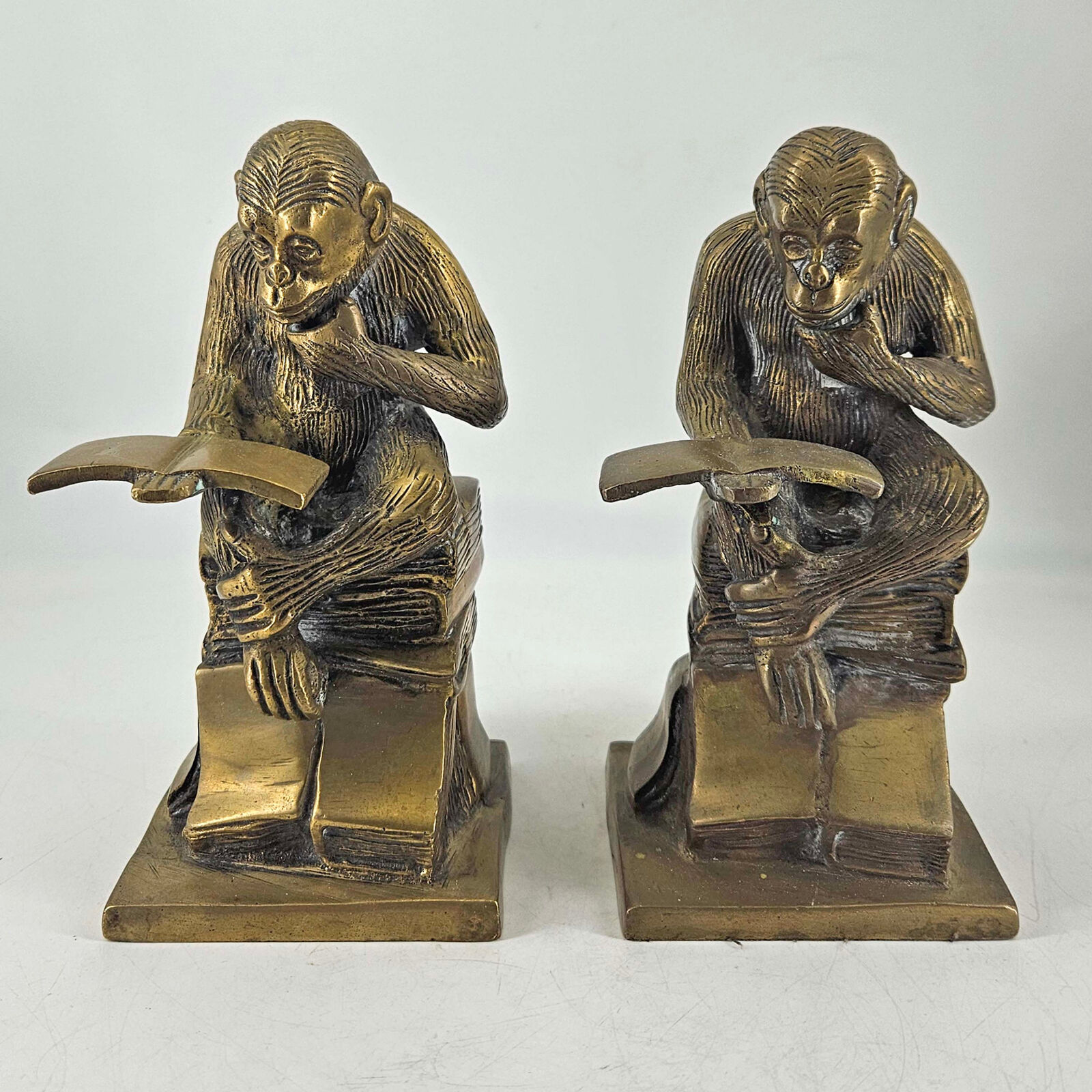 Vintage Brass Sitting Monkeys Reading Book Bookends Made in India 7