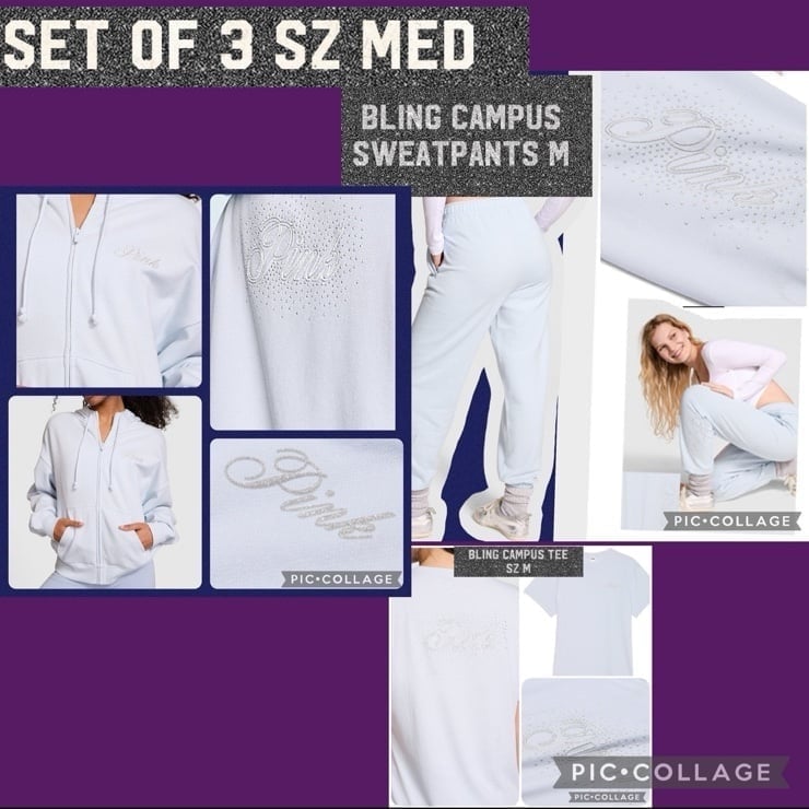 PINK IVY FLEECE CAMPUS SWEATPANTS FULL ZIP HOODIE SHORT SLEEVE T hydrangea bling