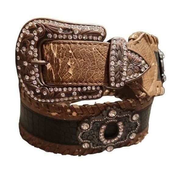 Rhinestone Brown Leather Western Horseshoe 3in Wide Belt