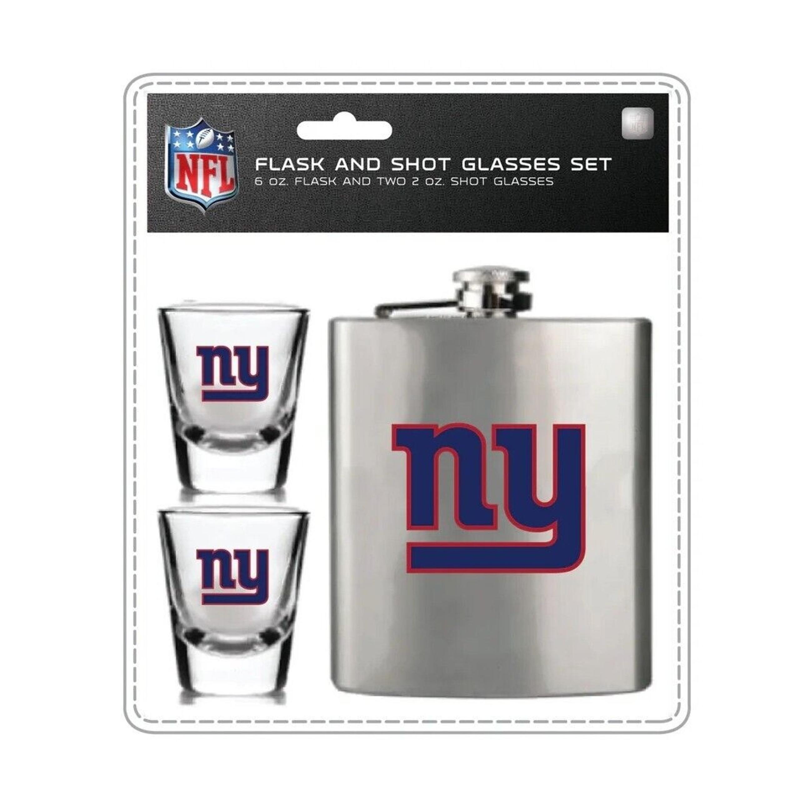 NEW YORK GIANTS Flask w 2 Shot Glasses Set Brushed Stainless Steel NFL Portable