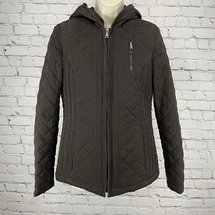 Laundry By Design Brown Quilted Zip Faux Fur Hooded Puffer Jacket Size Small S