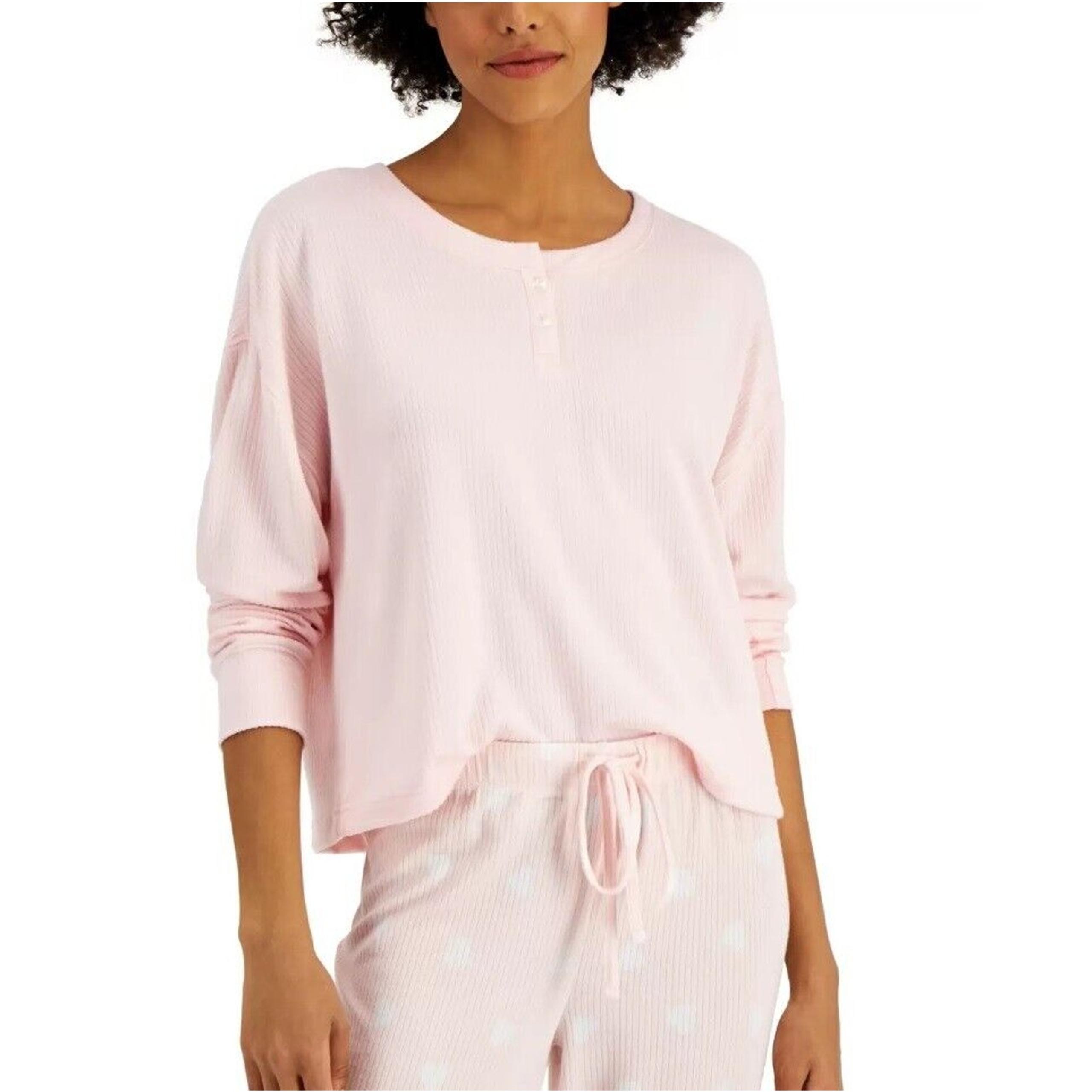 Jenni Women Pink Ribbed Knit Sleepwear Lounge Comfort Henley Pajama Top Size M