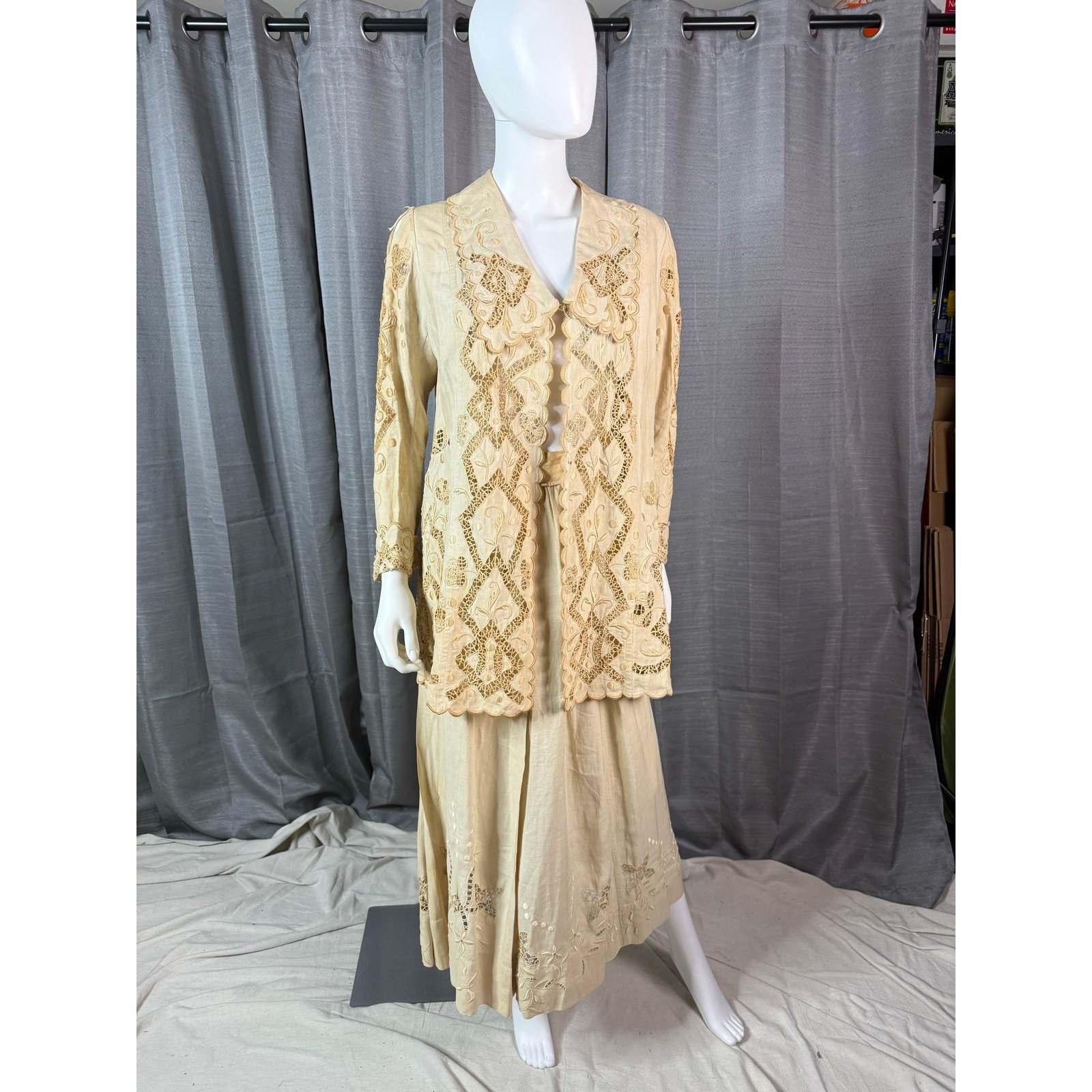 Antique Vintage 1890-1910 Cream Linen Embroidered 2pc Walking Suit Sz XS-S