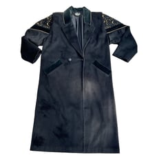 1980s Vintage Braetan Black Long Peacoat Puffed Shoulders Trench Coat XL
