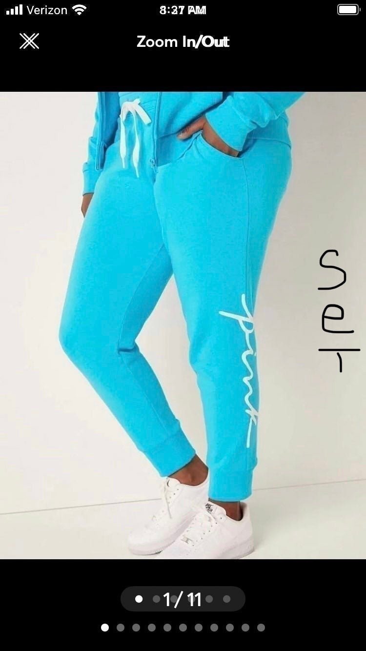 VS PINK Campus Tee Shirt & Joggers Set Neon Scuba Blue with Classic Logo Sz L