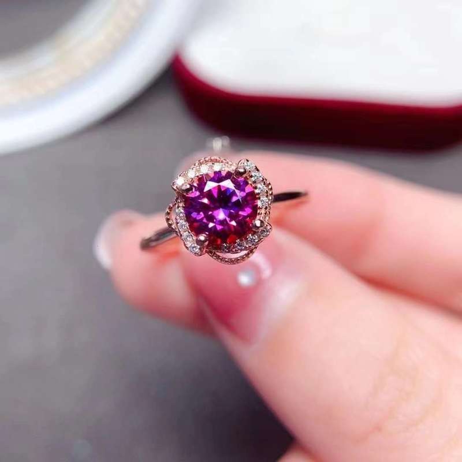 1 CT Purple Moissanite Round Cut Ring, Purple Moissanite Ring, Round Brilliant