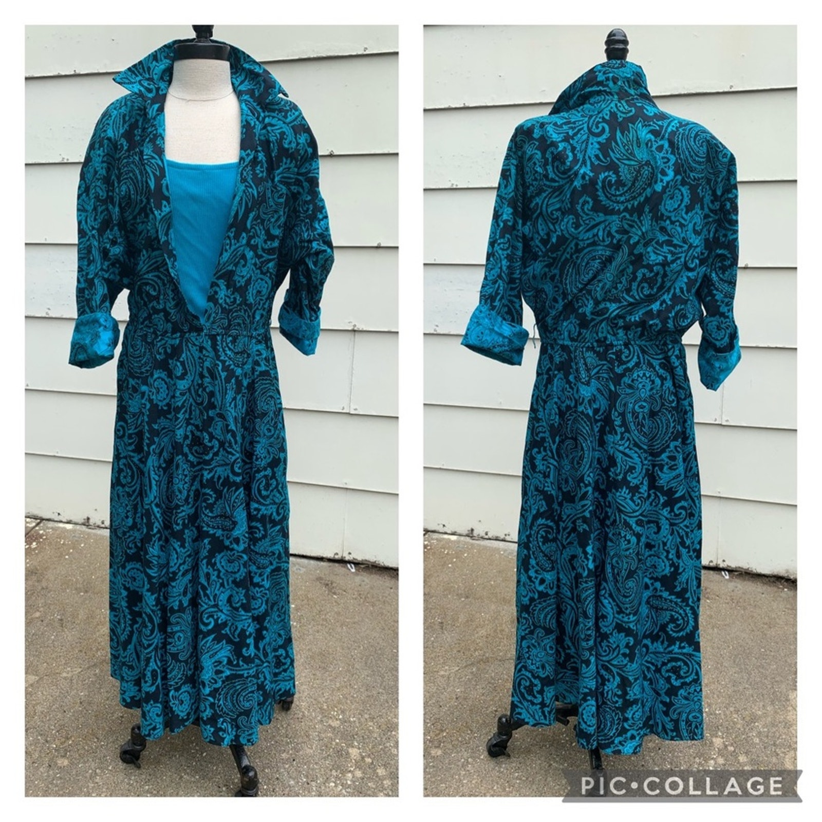 Vintage 90s Paisley Jersey tank shirt overlay dress teal black LARGE?