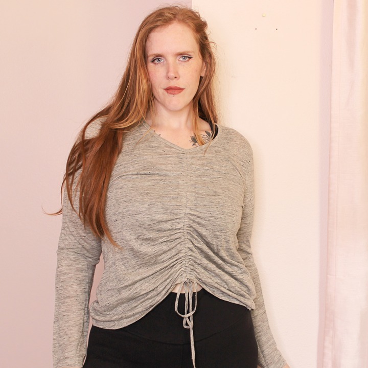 Veronica Beard 100% Linen Cinch Front Long Sleeve V Neck Top Gray