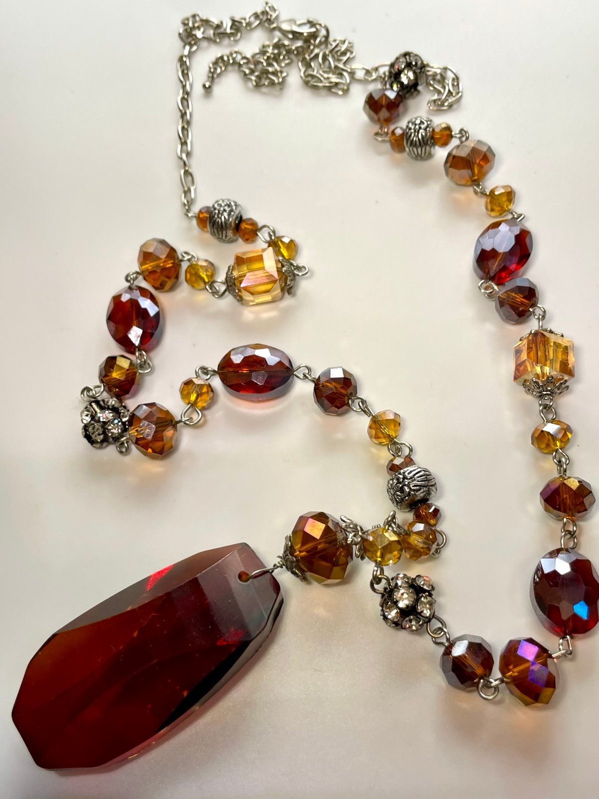 Amber AB Faceted Glass Bead & Rhinstone Necklace Large Amber Glass Pendant 34.5”