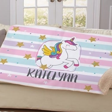 Personalized Cute Colorful Strips Unicorn Stars Baby Kids Sherpa Blanket