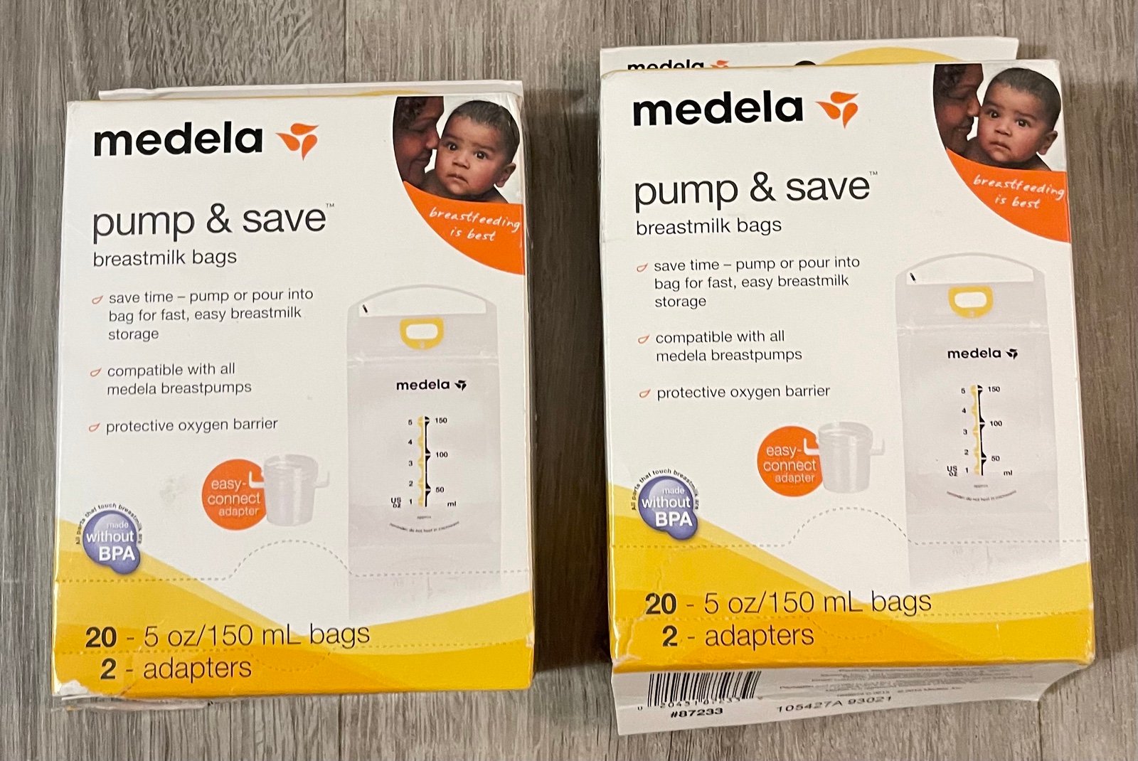 Medela Pump and Save Breast Milk Bags, 20 Count 5 Oz/150mL Bags & 2 Adapters X2