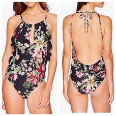 Carmen Marc Valvo NWT Ruffle Black Floral TIe Neck Halter One Piece Swim sz 14