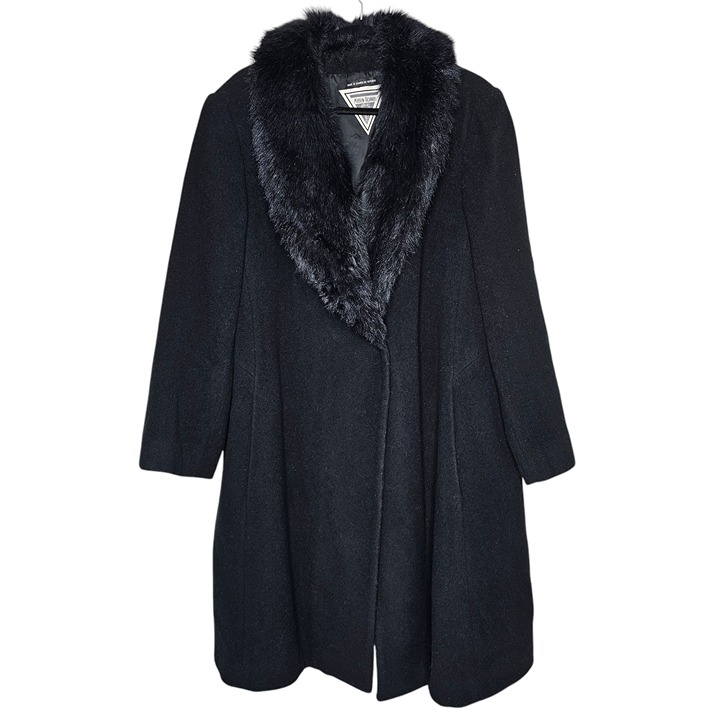 Marvin Richards Black Size 1x Long Wool Fur Trim Coat Mob Wife Luxury Old Money