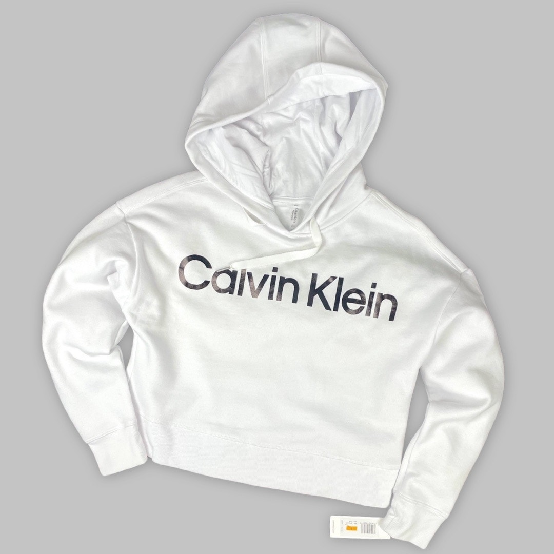 Calvin Klein Logo Hoodie Women S White Cropped Sweatshirt Athleisure Spring NWT