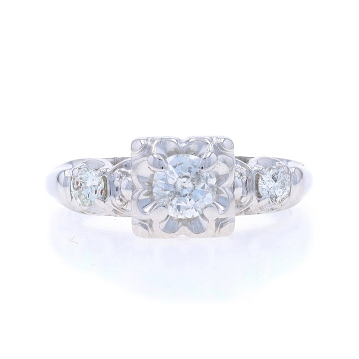 White Gold Diamond Vintage Engagement Ring - 14k Round .49ctw Floral LX4162