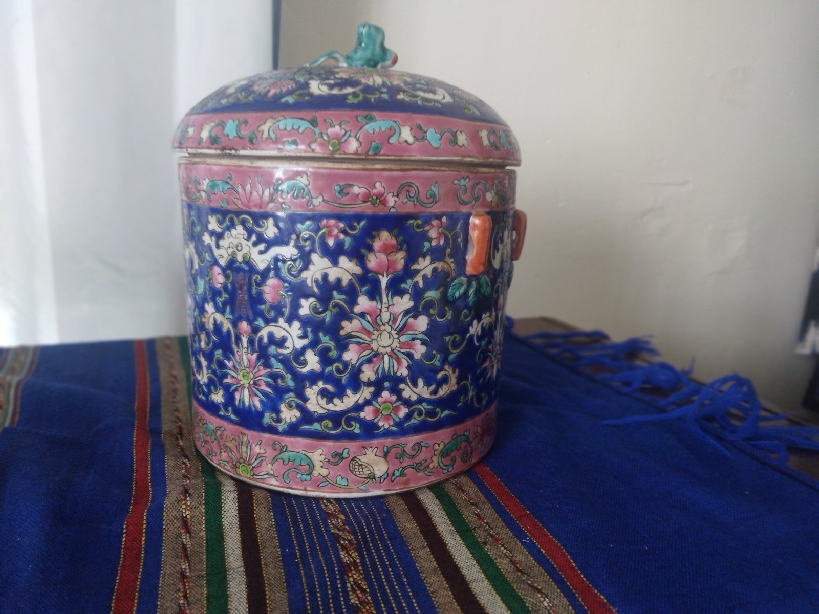 Vintage Chinese large blue enamel lidded jar